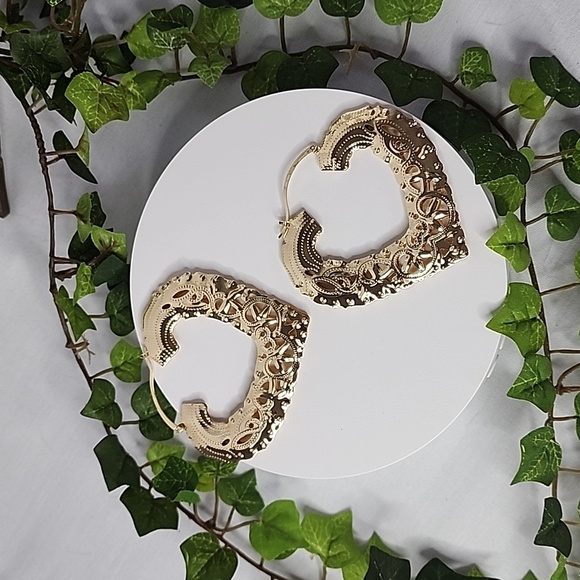 Large Statement Gold Filled Doorknocker Filigree  Hoop Earrings - Picture 1 of 8